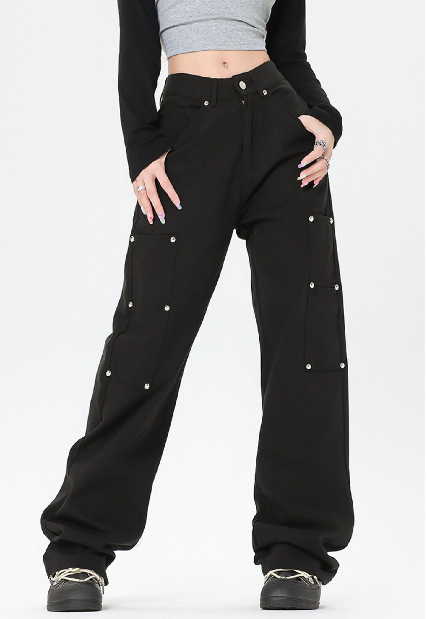 Unisex 3 Colors Studded High Street Style Casual Pants
