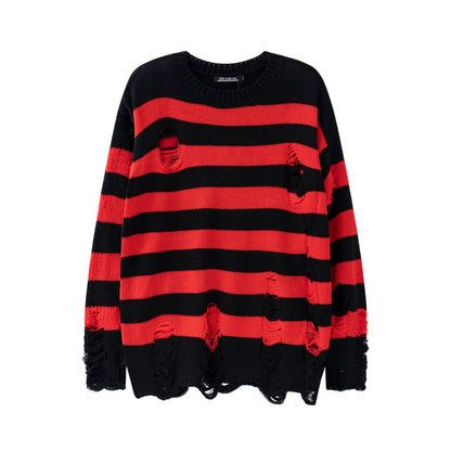 Unisex Black and Red Striped Ripped Knitted Sweater