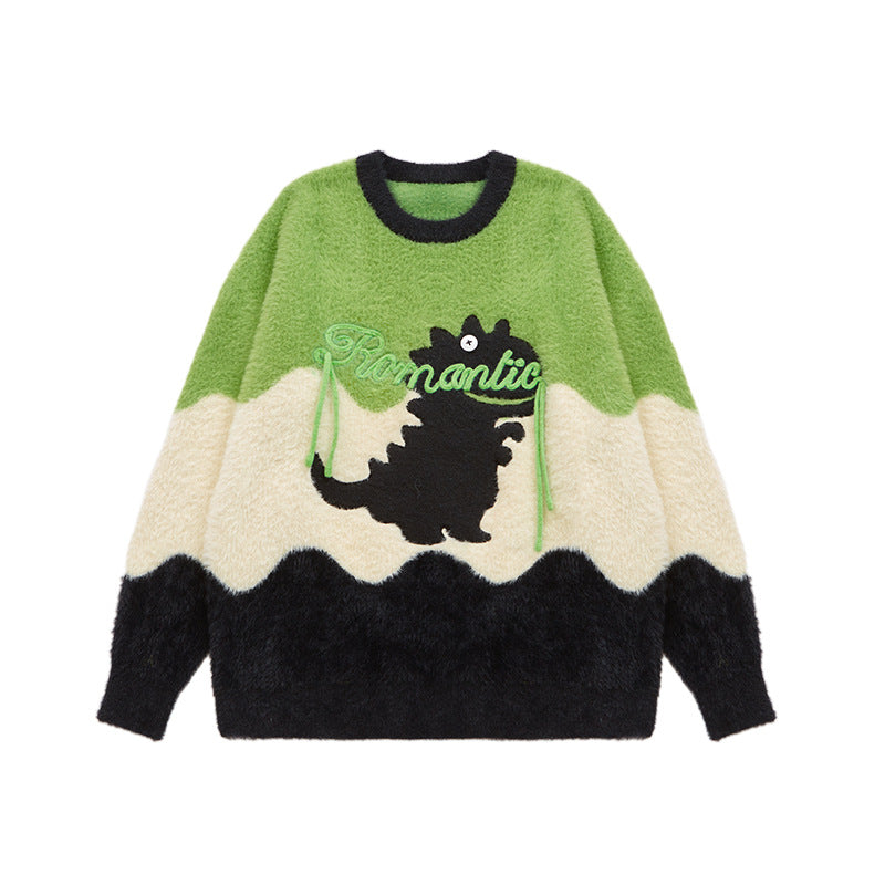 Unisex Contrast Color Pullover Loose Knitted Dinosaur Sweater