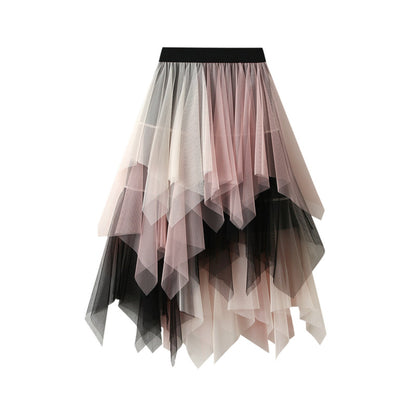 Colorblock Mesh Multi-Layer Irregular Midi Skirt