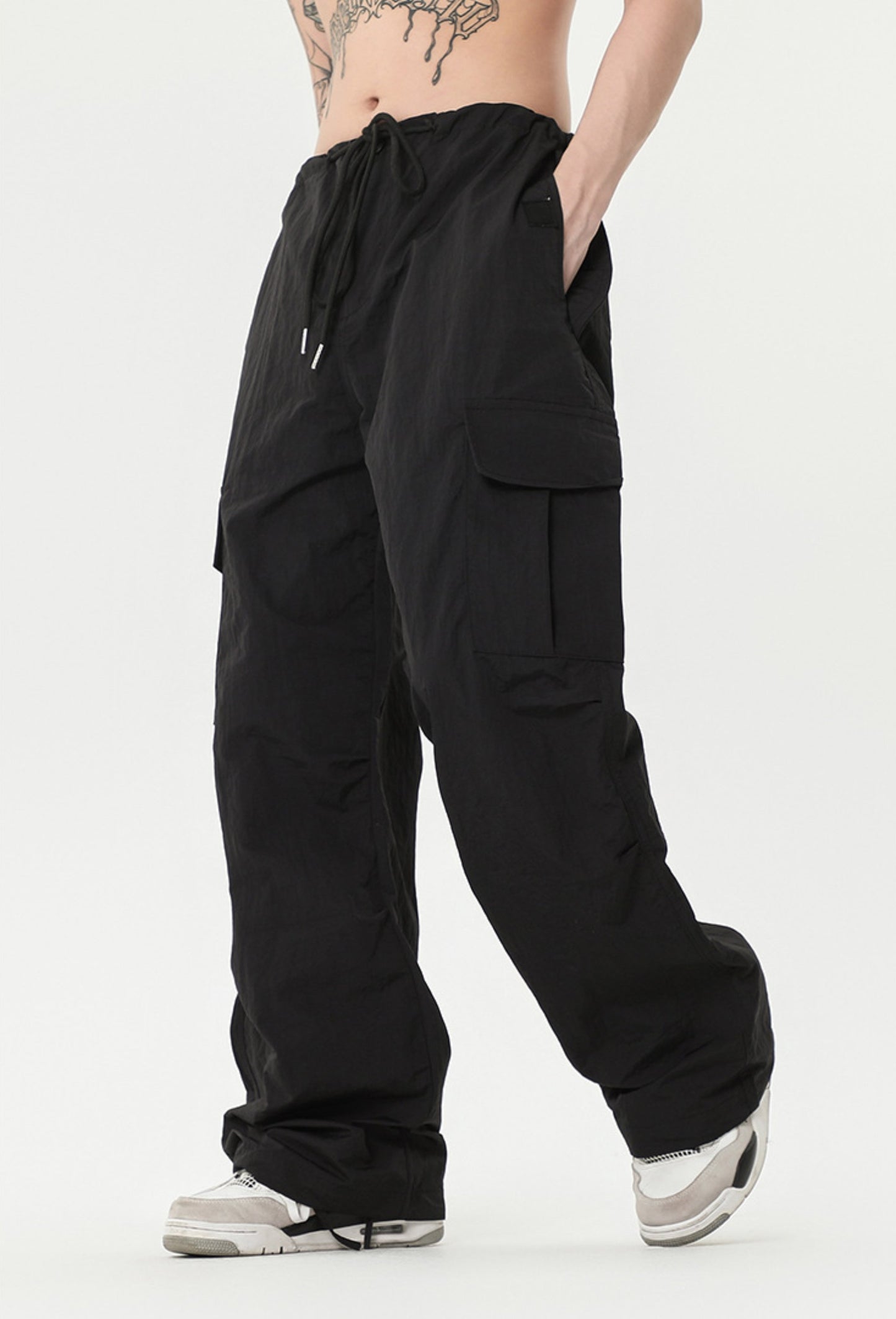 Unisex 2 Colors Black and Gray Pleated Loose Straight-leg Cargo Pants