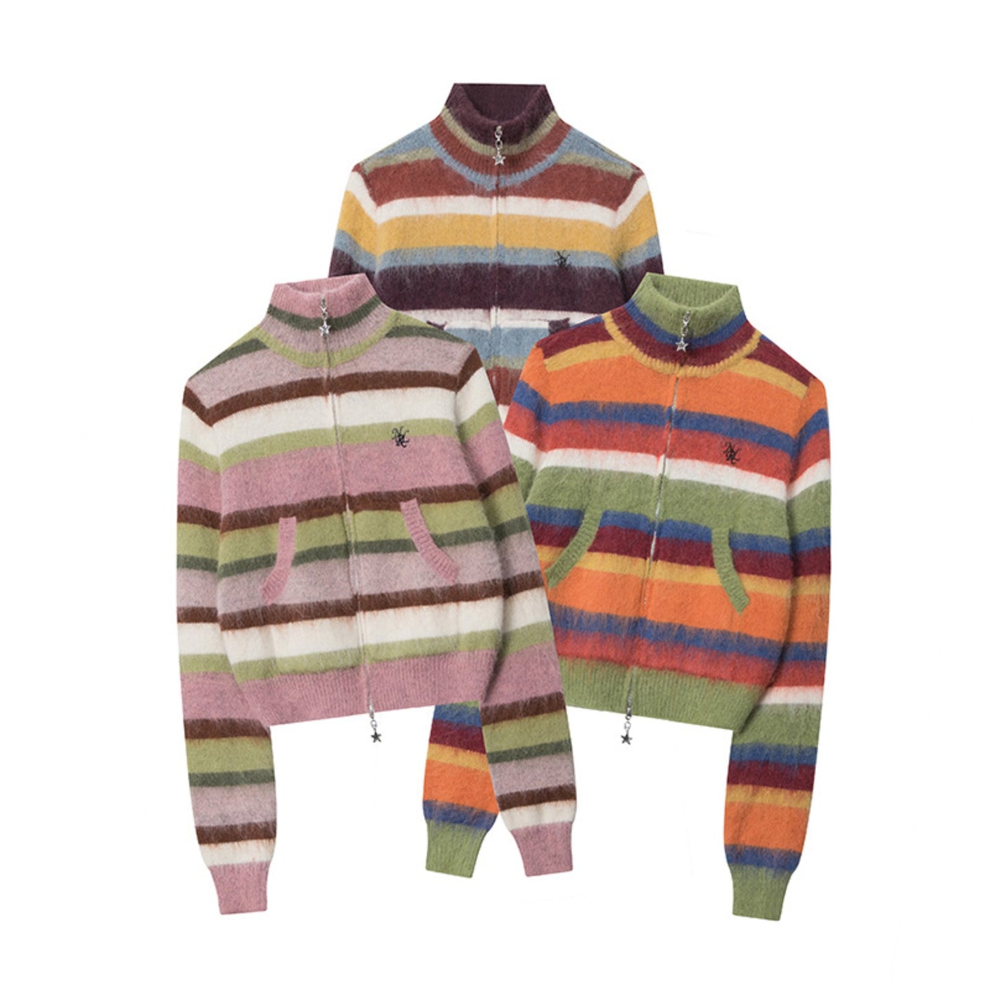 3 Colors Colorful Striped Half Turtleneck Zipper Cardigan Knitted Short Sweater