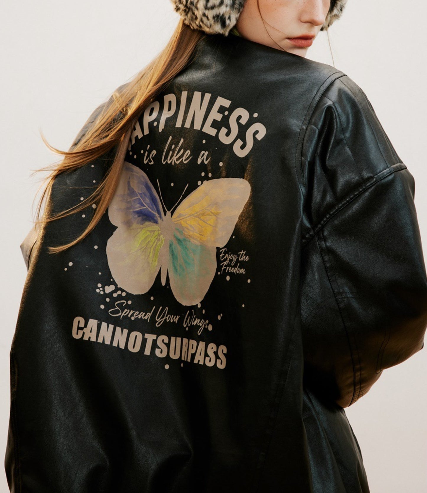 Retro Butterfly Print PU Leather Jacket