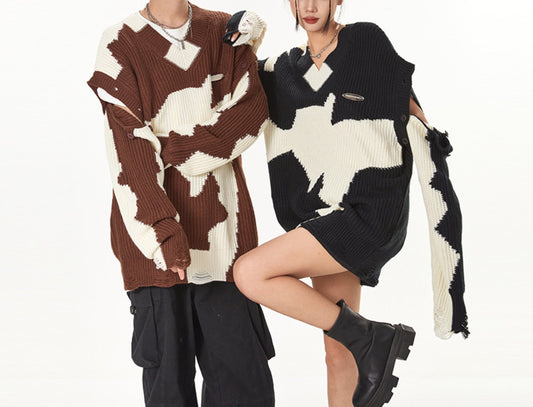 Cow Contrast Patchwork Ripped Detachable Sweater