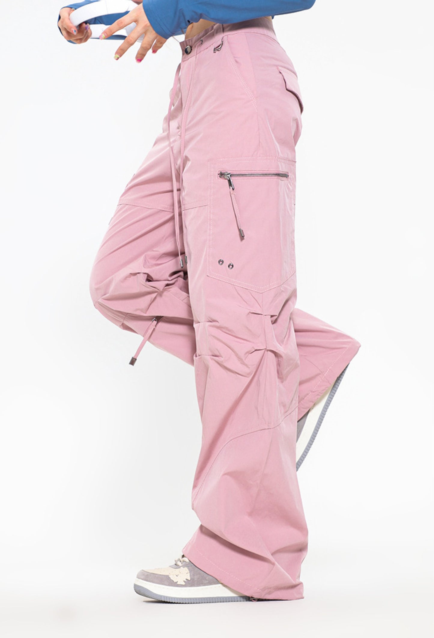 Unisex 2 Colors Black and Pink Mid Waist Big Pocket Cargo Pants